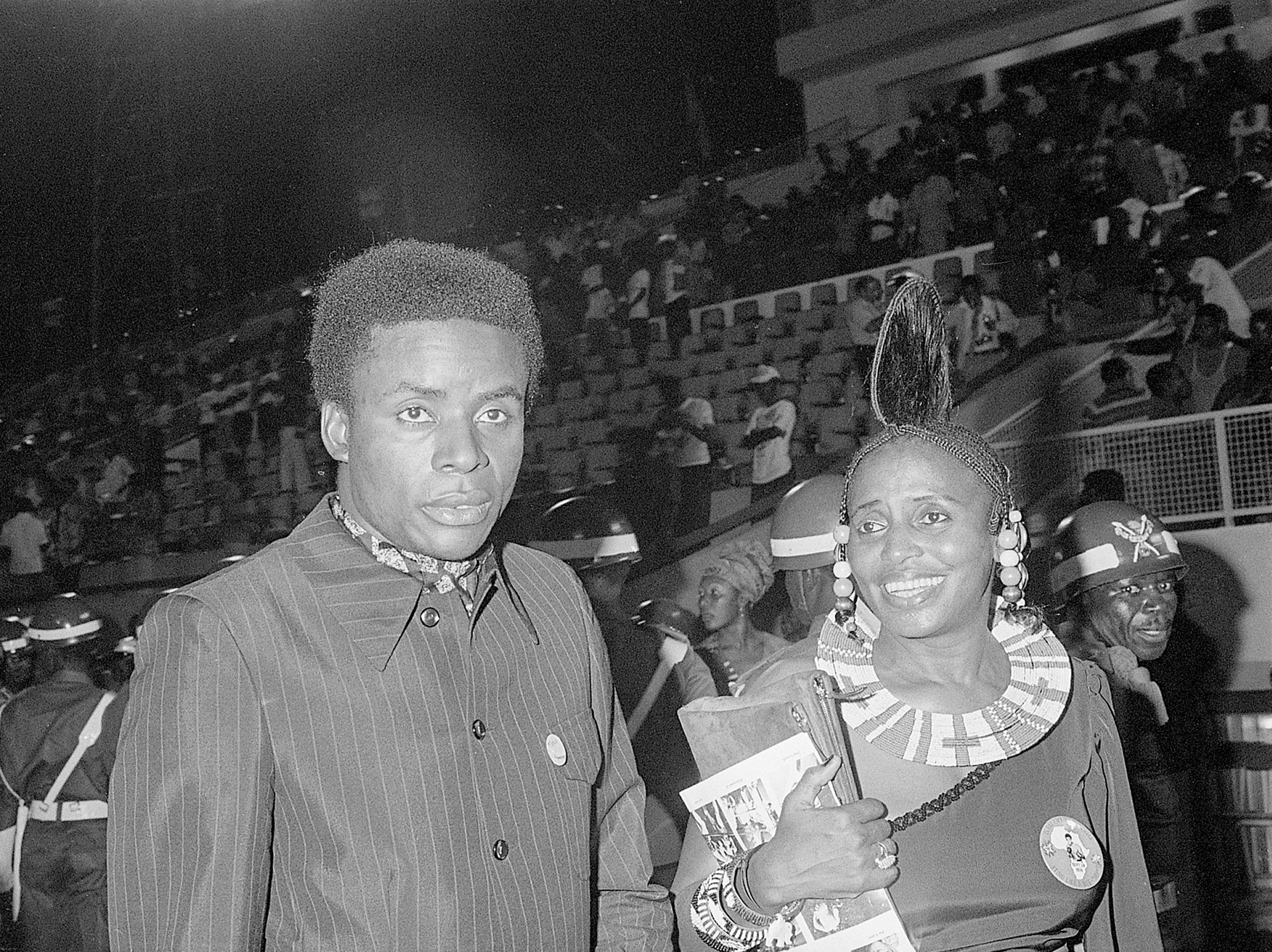 Kwame Ture and Makeba in Zaire at the “Rumble in the Jungle” fight with Muhammad Ali and George Foreman, October 29, 1974. Photo via Bettmann/Getty Images.